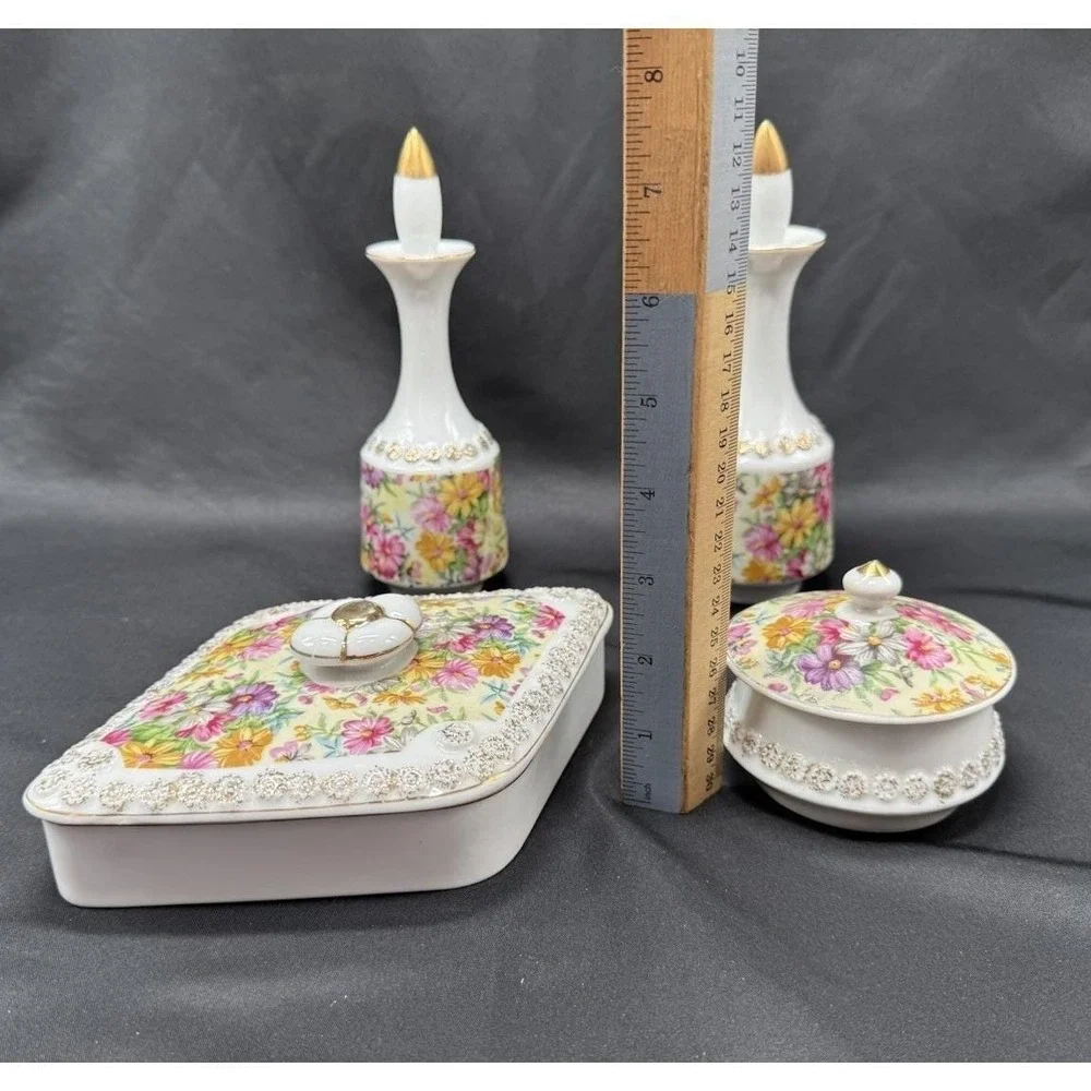 Vintage Tilso Japan Floral Gold Porcelain Dresser Vanity 4 Piece Set Bath Decor